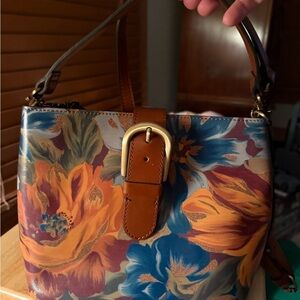 Patricia Nash Floral Leather Tote Bag with Buckle Strap - Blue & Orange